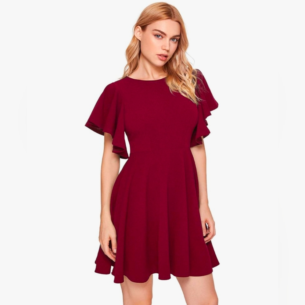 Romwe Women's Stretchy A Line Swing Flared Skater Cocktail Party Dress Burgundy